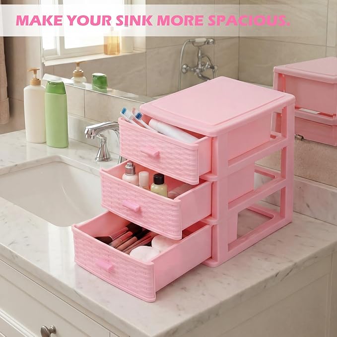 Small Storage Desk Wicker Weave Drawer 3 Drawers Plastic Storage Mini Plastic Weave Drawer Unit with Pull Handles Desk Organizer for Office Supplies Craft Countertop Makeup Bathroom(Pink)