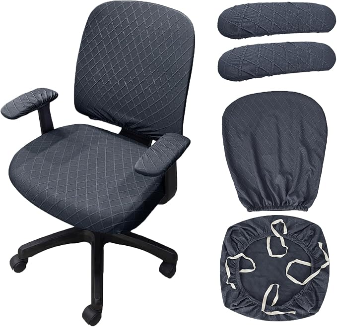 Stretch Jacquard Office Chair Cover with Armrest Covers, Removable Washable Desk Chair Cover, Anti-dust Seat Cushion Protectors -Seat + Backrest, Dark Grey