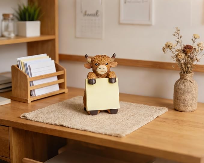 Highland Cow Pop-up Sticky Note Dispenser, Includes 1 Pad of 3x3 in Super Sticky Notes, 100 Sheets, Resin Cute Handmade Desk Holder for Office & Home-Brown