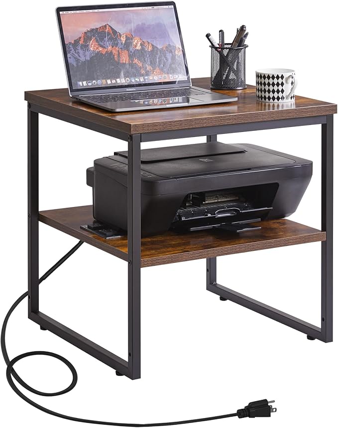 Aibiju Square Side Table with Charging Station and USB Port, 20-inch Multi-Functional Side Table/Printer Table with Adjustable Storage Shelf, Retro Brown YD-TM153HD