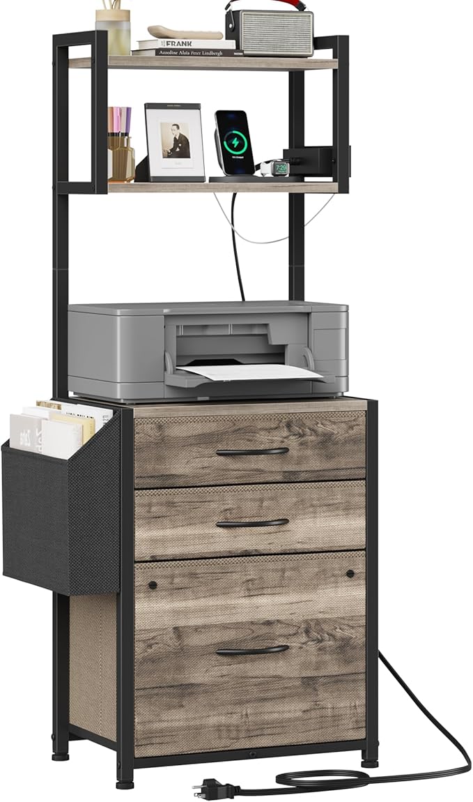HIGDBFE 3 Drawer File Cabinet with Charging Station, 45''H, 3-Tier Small Filing Cabinet for Home Office, 11''*16'' for Small Printer, Fabric Drawer Fits Letter/A4, Tall Printer Stand, Grey