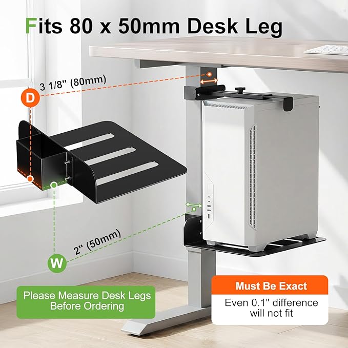 Clamp-On Under Desk PC Mount, No Drilling Adjustable Desk Leg Computer Mount Width Adjustable from 5.7" to 9.8", Holds Up to 40 lbs Heavy Duty PC Tower Stand for Under Desk, Fits 80mm×50mm Legs
