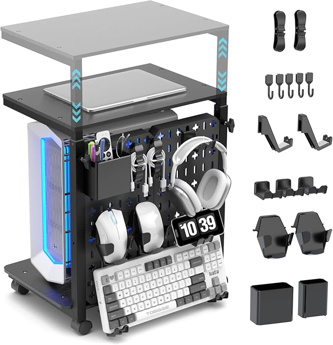 Computer Tower Stand with Pegboard Organizer, Height Adjustable 2-Tier PC Tower Shelf for Floor with Accessories, CPU Holder Cart with Locking Wheels for Most PC Gaming Home Office, 24.2-29.5"