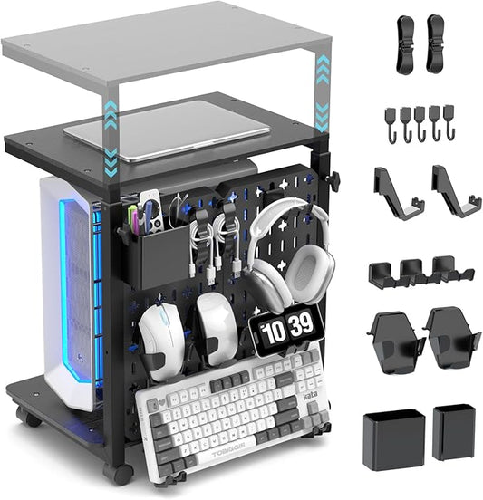 Computer Tower Stand with Pegboard Organizer, Height Adjustable 2-Tier PC Tower Shelf for Floor with Accessories, CPU Holder Cart with Locking Wheels for Most PC Gaming Home Office, 24.2-29.5"