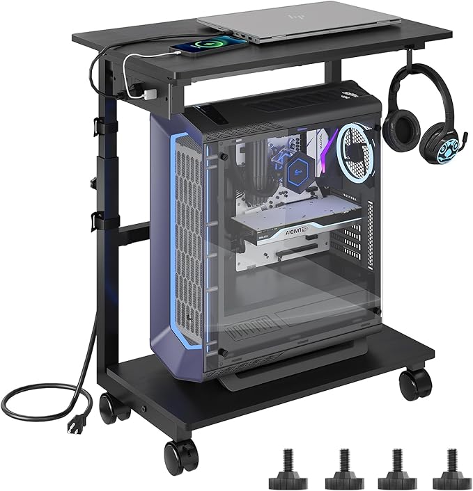 HavenlyYouth 2-Tier Computer Tower Stand with Power Outlet, Height Adjustable PC Tower Stand with Wheels, ATX-Case CPU Holder Cart with Hooks for Home, Office, Gaming (Black)