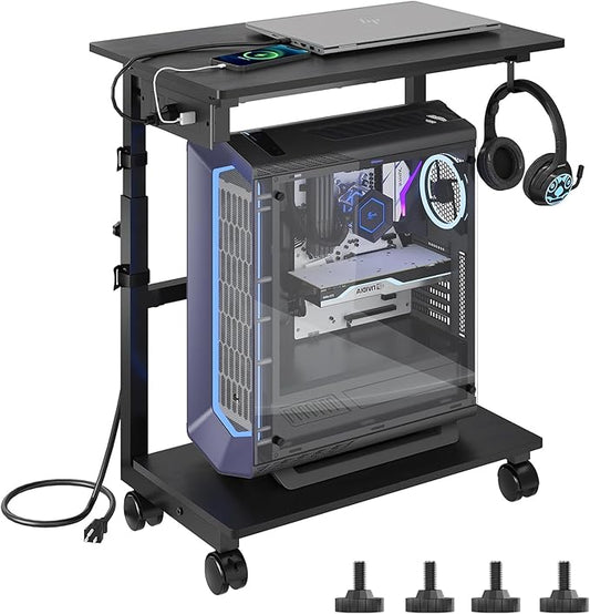 HavenlyYouth 2-Tier Computer Tower Stand with Power Outlet, Height Adjustable PC Tower Stand with Wheels, ATX-Case CPU Holder Cart with Hooks for Home, Office, Gaming (Black)