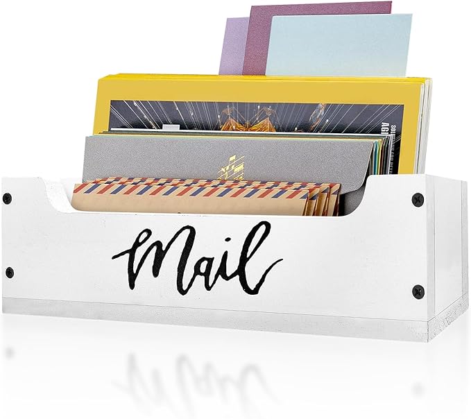 White Wooden Mail Organizer Countertop - Mail Organizer Wall Mounted, Office Mail Holder, Desktop Mail Basket for Counter, Letter Holder Box for Home Office Decor (White + Black, 3.15")