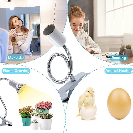 Clip on Lamp Holder, White Clamp Light Socket, Clip on Desk Lamp, E26 Book Clamp Light Fixture, 360° Flexible Gooseneck Lighting, E27 Bulb Holder with 7 Ft Plug and Switch, for Bedside
