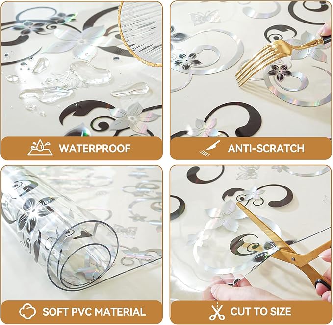 LovePads Floral Clear Table Cover Protector - 42 x 72 Inch Thick Plastic Table Cloth, Waterproof PVC Desk Mat for Dining Room Table, Wood Furniture Topper, Anti-Scratch Desk Pad for Kids Writing,