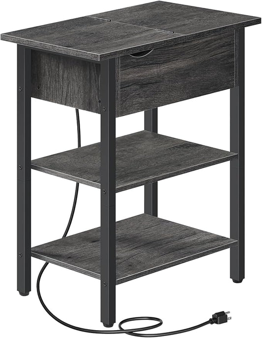 HOOBRO End Table with Charging Station, Narrow Side Table, Flip Top Nightstand with USB Ports and Outlets, Bedside Tables with Shelf for Small Spaces, Living Room, Charcoal Black BC341BZ01