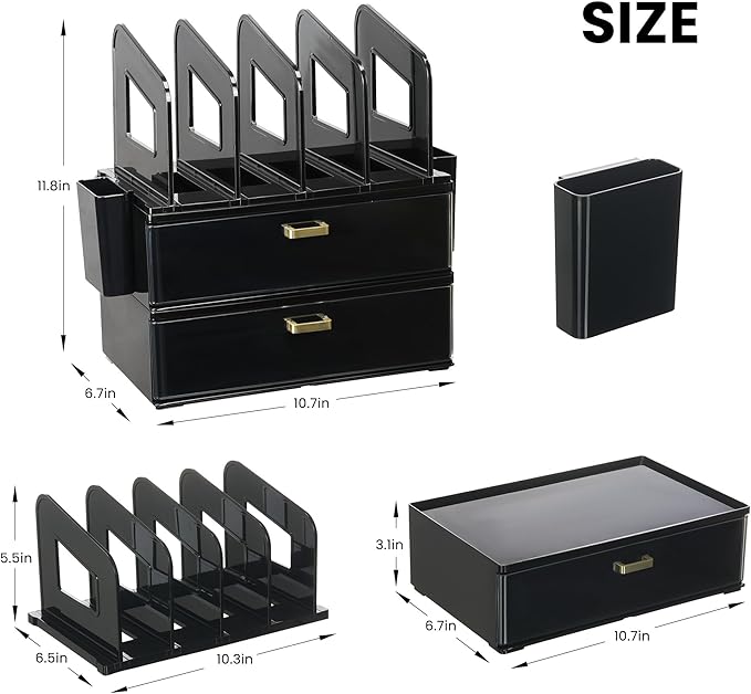 LALOBLUE Acrylic Desk Organizer with Drawer and Vertical File Holder, Desk Organizers and Accessories, Multi-Functional Office Supplies Organizer for Home or Work Desk, Black