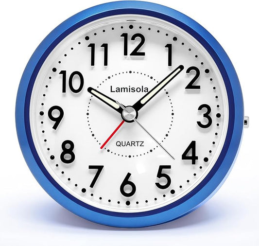 Lamisola Small Desk Clock, Battery Operated Travel Clock, Old School Analog Alarm Clock for Bedroom Home Office Bathroom Kitchen, Silent Large Display- Sapphire Blue