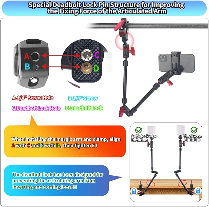 22" Magic Arm w Clamp Mount, Overhead Desk Phone Mount Stand, Adjustable Articulating Friction Camera Boom Arm w 1/4" Thread for Phone Video Light Webcam Action Camera Tripod Mic
