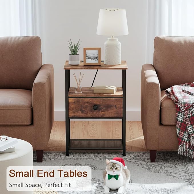 LOAKEKEL Night Stand Set 2, Nightstand with Charging Station, End Tables Living Room with Fabric Drawer for Small Spaces, Bed Side Tables with Storage Shelf for Bedroom, Rustic Brown HETS010PBR