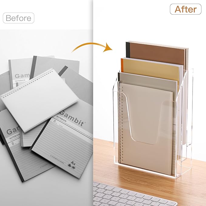 YUXUN Wall Mount File Organizer, Clear Acrylic File Holder for Desk, No Assembly Hanging Mail Organizer, Heavy Duty Document Sorter Magazine Rack for Office, Home, Classroom