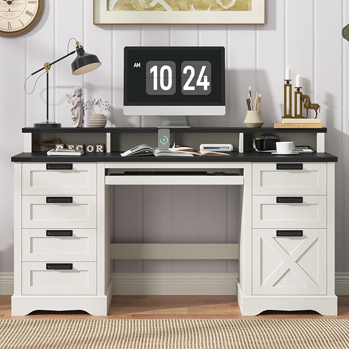 60" Farmhouse Executive Desk with 8 Drawers, Wood Computer Desk with Keyboard Tray and Charging Station, Home Office Desk Writing with File Drawer Fits A4 Size for Work and Study, White and Black