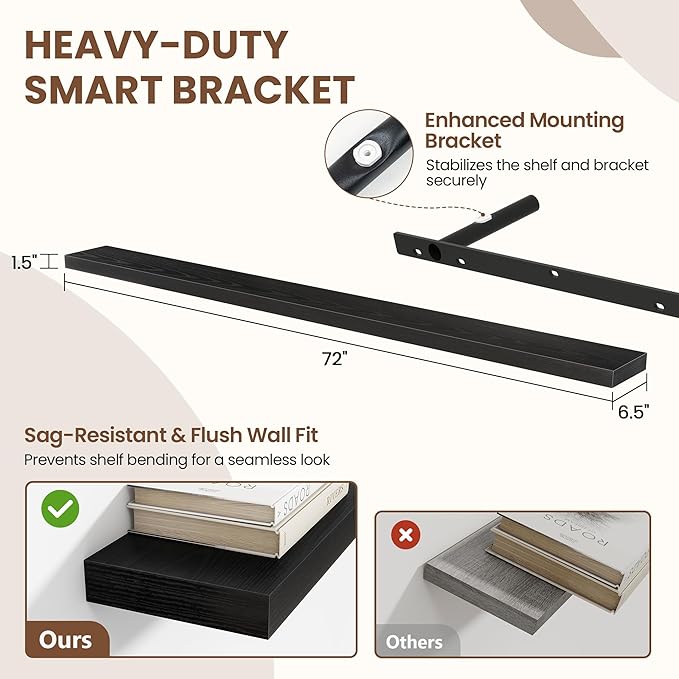 Acovy 72 Inch Floating Shelves for Wall 1 Pack, 72" Wall Shelves for Books, Storage, Decor, Wall Mounted Floating Shelf with Invisible Brackets for Kitchen, Living Room, Black