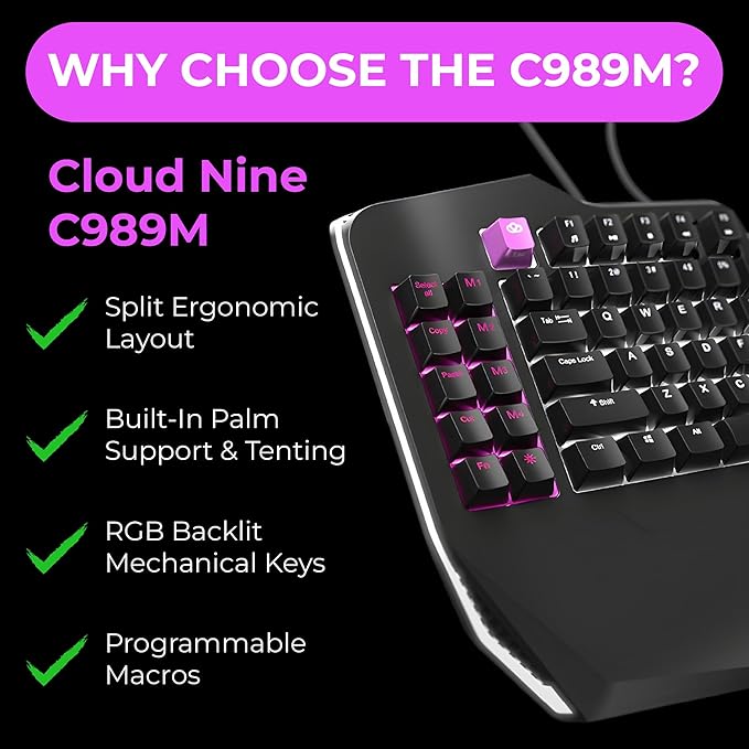 Cloud Nine C989M Ergonomic Mechanical Keyboard for PC - Kailh Tactile Brown Switches - RGB Light Up LED Backlit with USB - Ergo Split Key Board with Macro