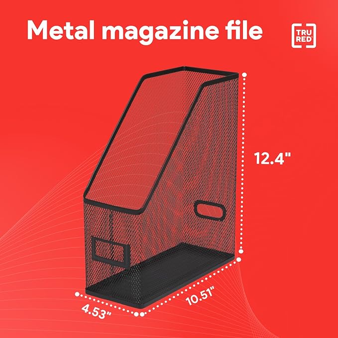 TRU RED Metal Magazine File Organizer, Black – Top‑Loading Desktop File Holder with Handle, Holds Up to 1000 Sheets