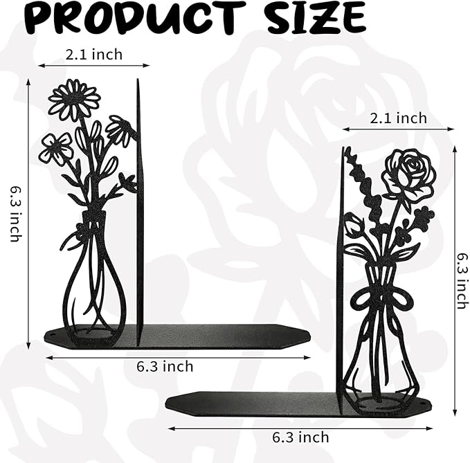Flower Metal Bookends Decorative Book Ends for Shelves, Cute Book Ends for Home Office Decor Decorative Flower Vase Book Ends for Heavy Books, Book Stopper Ideal Gift for Mother's Day