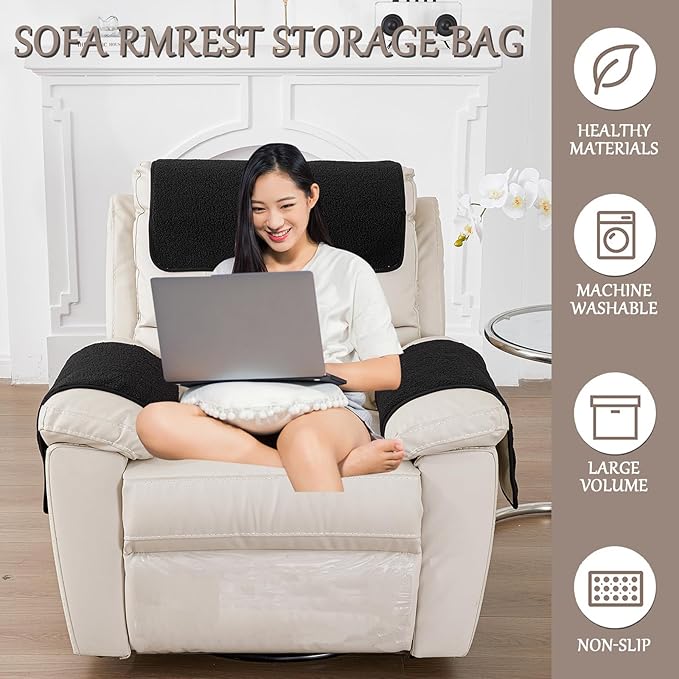 Armrest Cover, Recliner Chair Protector, Furniture Protector Slip, Side Storage Pocket, Stretch Armchair Couch Arm Rest Cover for Recliner, Chair, Sofa (Black,1 Seater(3pcs))