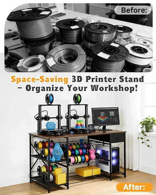3D Printer Stand with Charging Station, Large 3D Printer Table with Filament Storage, Heavy Duty 3-Tier Filament Storage Rack with Drawer, 3D Printer Desk for Workshop, Office and Garage (Brown)