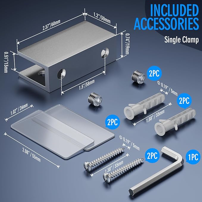 Ranbo 2 Pcs Frameless Glass Clamp Brackets for Shelf and Shower, Heavy Duty Wall Mount Rectangular Holders for 1/4" to 1/2" Panels, Satin Brushed Finish Hardware