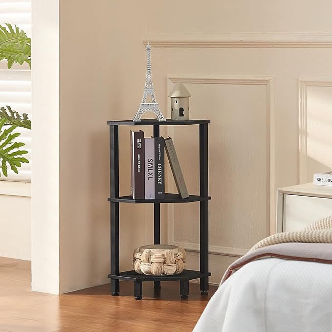YUFAM 3-Tier Corner Shelf with Sturdy 5-Leg Base, 28in Tall Narrow Bookcase for Small Spaces, Wooden Plant Display Shelf, Thin Bookshelf for Living Room, Bedroom, Office, Black