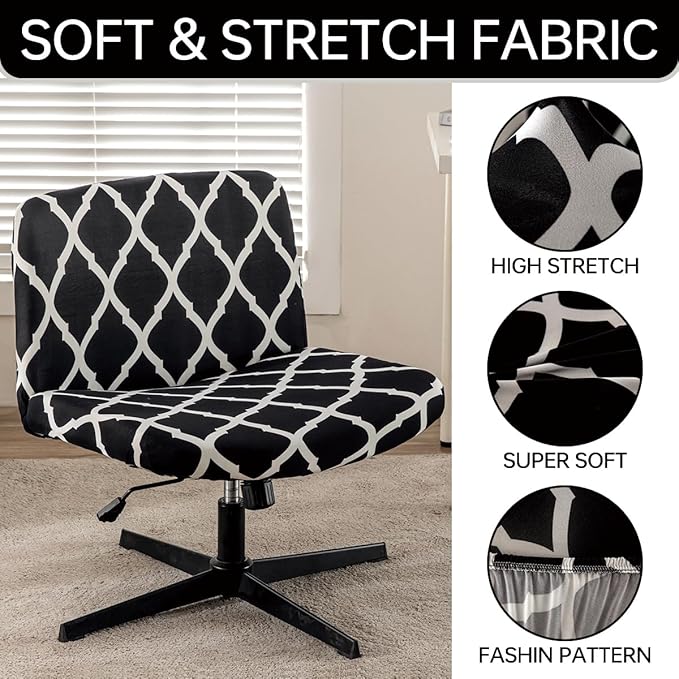 Armless Chair Slipcover Stretch Criss Cross Chair Cover, Mid Back Wide Seat Accent Chair Covers,Modern Vanity Chair Cover for Office Desk (Black Grid)