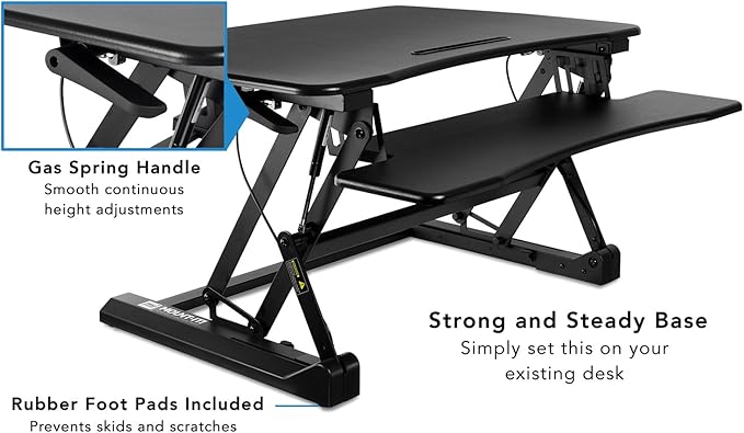Mount-It! 35.5" Standing Desk Converter with Keyboard Tray – Adjustable Sit Stand Desk Riser for Dual Monitors – Dual Gas Spring Height Adjustable Desktop Workstation Topper – Black