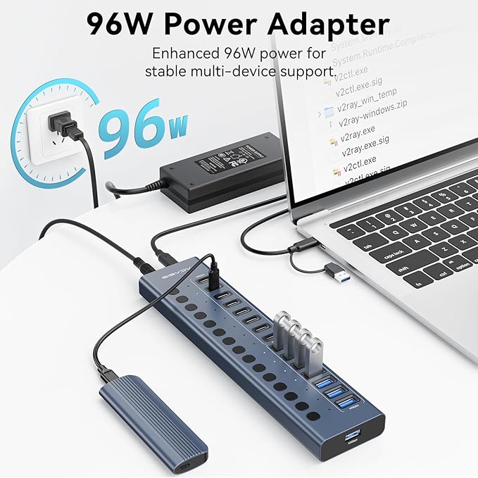 Powered USB 3.2 Hub, ACASIS 16 Ports USB 3.2 Hub(8 USB-A 3.2 Ports+8 USB-C 3.2 Ports), Aluminum USB Hub Powered with 96W Power Adapter, USB Hub for PC/Laptop, Computer, Flash Drive, Printer, Camera