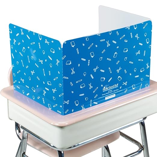 Really Good Stuff Large Privacy Shields for Student Desks – Set of 12 - Gloss - Study Carrel Reduces Distractions - Keep Eyes from Wandering During Tests, Blue with School Supplies Pattern