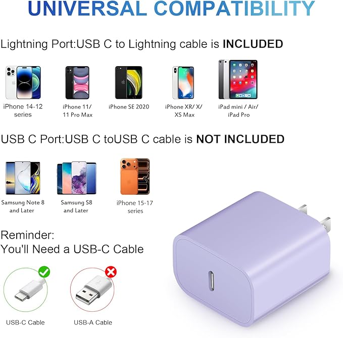 iPhone 14 13 12 11 Charger Fast Charging iPhone Fast Charger 3-Pack 20W iPad Chargers 6FT C Chargers Fast Charging Cord Whit iPhone 14/14 Max/13 Pro/13/12 Mini/12 Pro Max/11 Max/Xs and iPad(Purple)