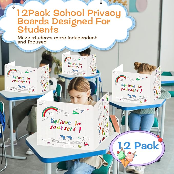 Privacy Boards for Student, 12 Pcs Desk Dividers for Students, Cardboard Privacy Folders, Privacy Shield Folder Boards, Classroom Divider Shield for School Teachers Home (Believe in Yourself)