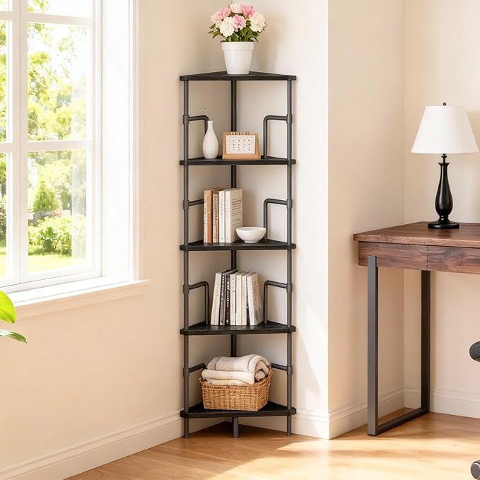 MAHANCRIS 52.8" Corner Shelf, 5-Tier Industrial Corner Bookshelf with Metal Frame, Small Plant Stand, Display Shelf for Living Room, Bedroom, Home Office, Small Spaces, Black CSBK5501