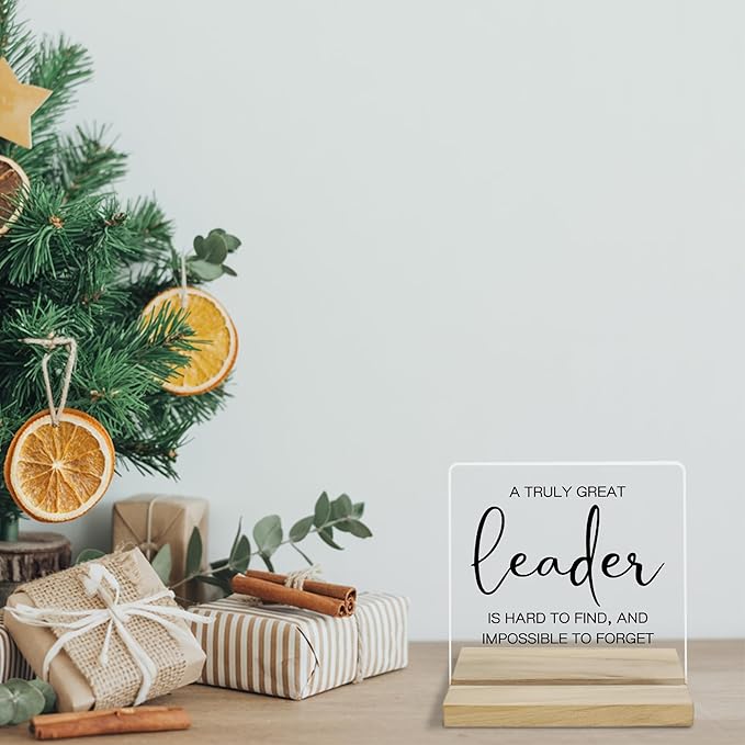 Gifts for Boss Desk Decor Sign, Acrylic Plaque Gift for Coworker Leader, Great Leader is Hard to Find Sign