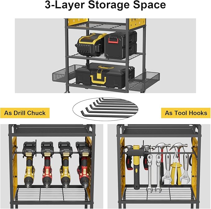 Power Tool Organizer Cart with Charging Station, Heavy Duty Garage Tool Organizer Rolling Tool Battery Storage with 8-Outlet Power Strip, 4 Wheels, 2 Hanging Baskets, 8 Hooks, Drill Bit Holder, Yellow