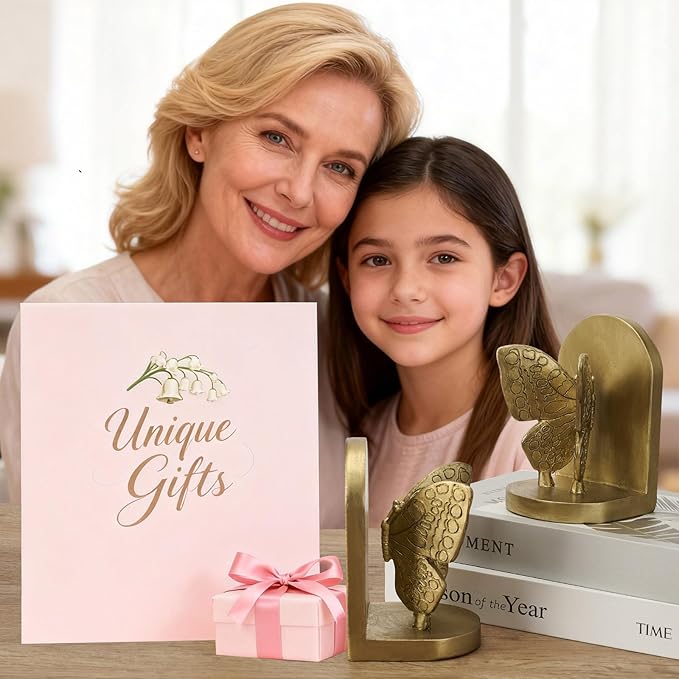 Gold Butterfly Book Ends for Shelves, Butterflies Statue Decorative Bookends for Heavy Books, Resin Book Ends with Non-Slip Felt Base for Home Farmhouse Shelves Office Lover Gift