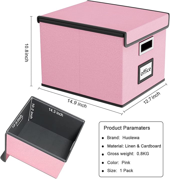 File Organizer Box with Lid, Collapsible File Folder Organizer for Office Document Storage, Filing Box with Plastic Slide for Letter Size Hanging File Folders(1 Pack, Pink)