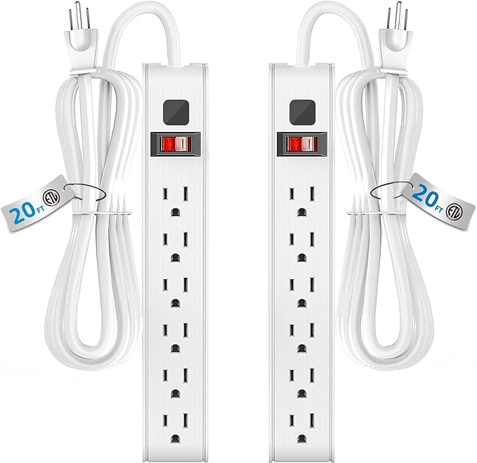 TiFFCOFiO Surge Protector Power Strip, 20 Feet Extension Cord, 600 Joules Surge Protection, Multiple Protection 6 Outlet Strip, 14 AWG Cord, 15A/1875W, ETL Listed (2 Packs, 20 FT)
