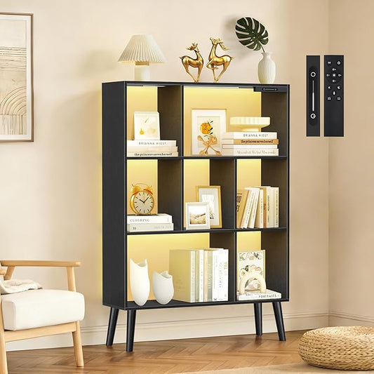 7-Cube Bookshelf with LED Lights, Touch & Remote Control, Freestanding Open Bookcase Storage Shelf, Dimmable Modern Wooden Display Organizer with Legs for Living Room, Bedroom, Office(Black)