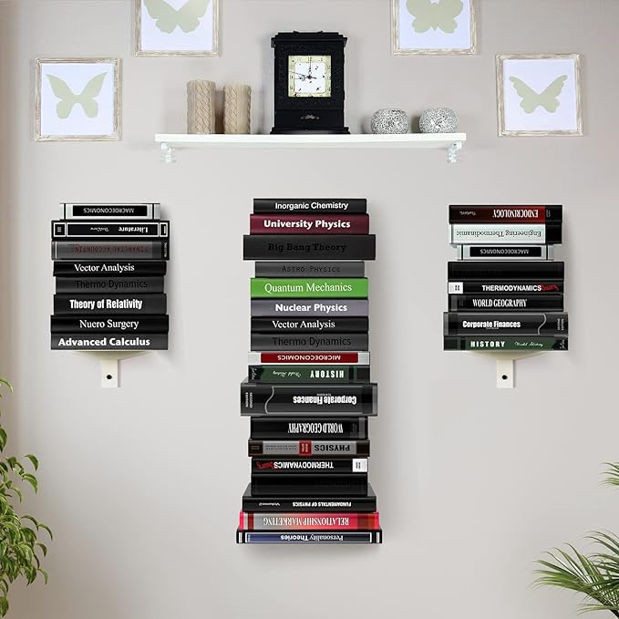 Floating Book Shelves for Wall, 4 Tier Invisible Floating Bookshelf, Vertical Spine Book Tower, Wall Mounted & Space Saving, Heavy Duty Metal Book Organizer for Home Office, 2 Pack White