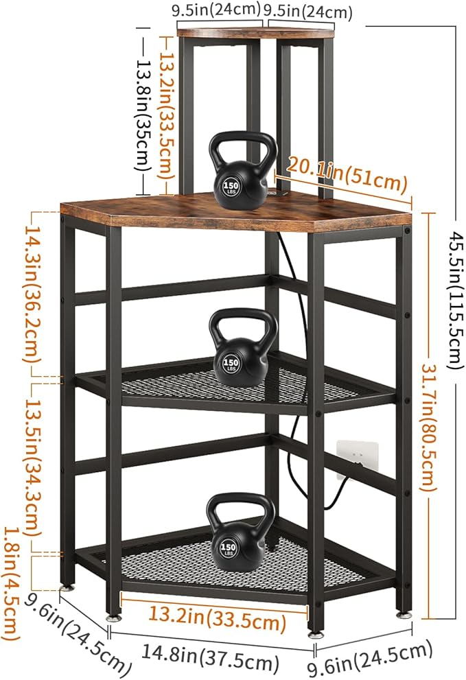 METYERRY Corner Printer Stand Table, with Power Outlet and USB Charging & LED Lights, for Home Printer Stands, Storage Shelf, Computer Tower/CPU Stand Holder for Home Office, Rustic Brown