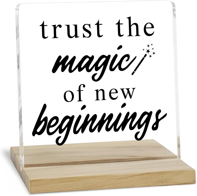 New Beginnings Desk Decor Sign, Inspirational Acrylic Plaque Gifts for Women, Friends, Coworkers