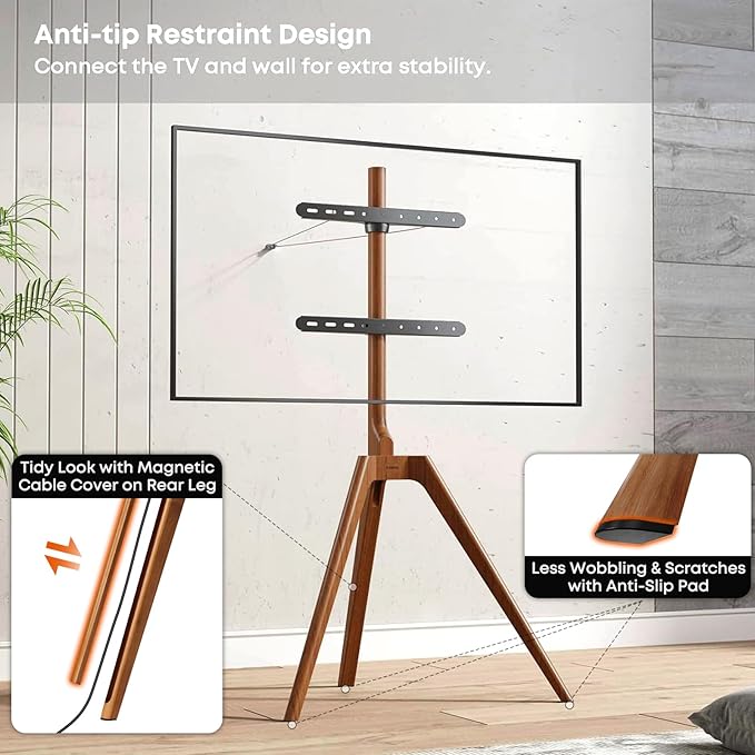 PUTORSEN Premium Wood Easel TV Stand, Adjustable TV Tripod Stand for 45-65 Inch LED LCD Screen, with Top TV Shelf and Magnetic Concealed Cable Management, Max Load 88lbs, Walnut