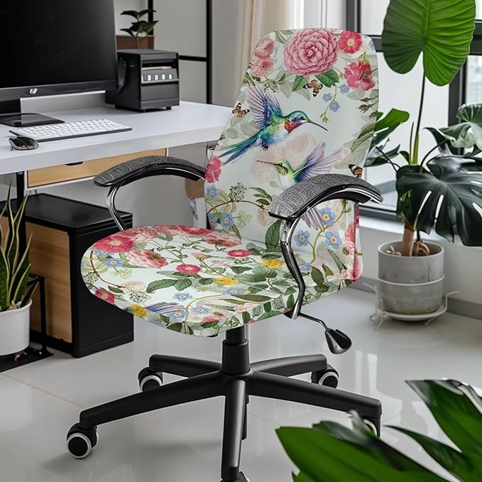 Talayituse Hummingbird Butterfly Flower Print Office Chair Covers, Stretch Computer Chair Cover, Universal Boss Chair Covers Modern Simplism Style High Back Chair Slipcover, L