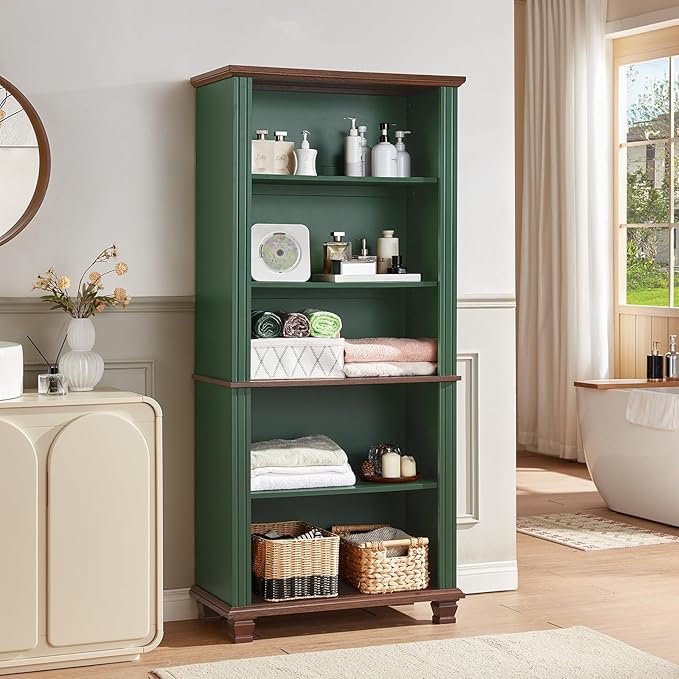 SAVOR LIFE 70" Tall Green Bookshelf,5 Tier Wooden Book Shelf with Adjustable Shelves & Wood Legs,Free Standing Farmhouse Bookcase with Open Display Storage,Vintage Bookshelves for Library, 2PCS