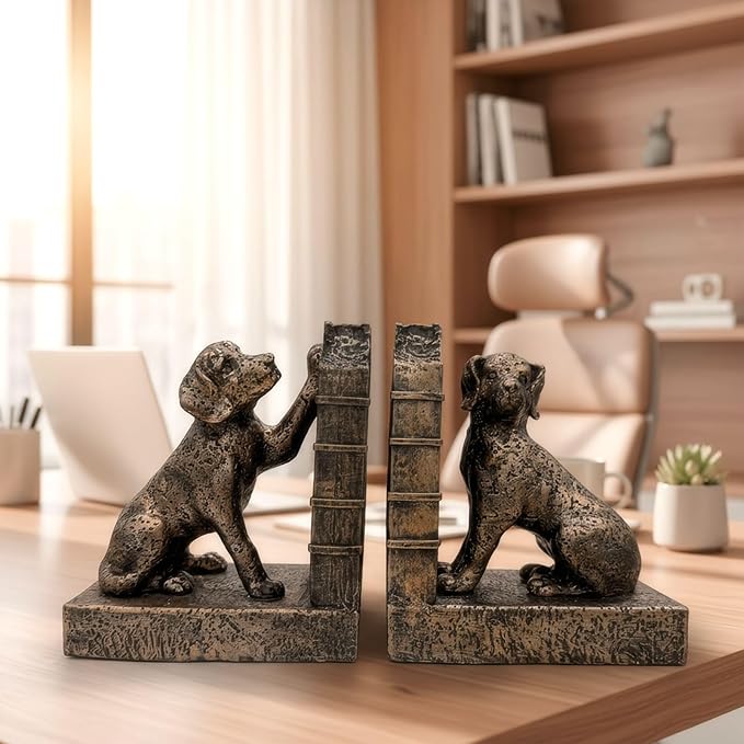 Tatuo 2 Pcs Decorative Dog Bookends for Shelves, Vintage Old-Money Book Ends for Heavy Books Labrador Dog Animal Stopper Retriever Statues with Anti-Slip Base for Book Lover Home Office Bookshelf