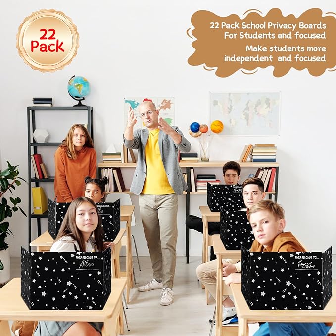 EARTHSON 22 Pack Galaxy Theme Class Privacy Shields, Desk Dividers for Students, Privacy Folder for Students, Cardboard Privacy Boards, Test Divider Classroom Study Carrel Teacher Supplies, Black