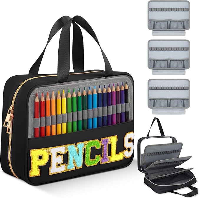 Hillban 108 Slots Large Colored Pencil Case with Chenille Letter Patch Extra Large Capacity Interlayer Pencil Holder Organizer with Handle Zipper Portable Storage Bag Graduation Gift for Artist(Black)
